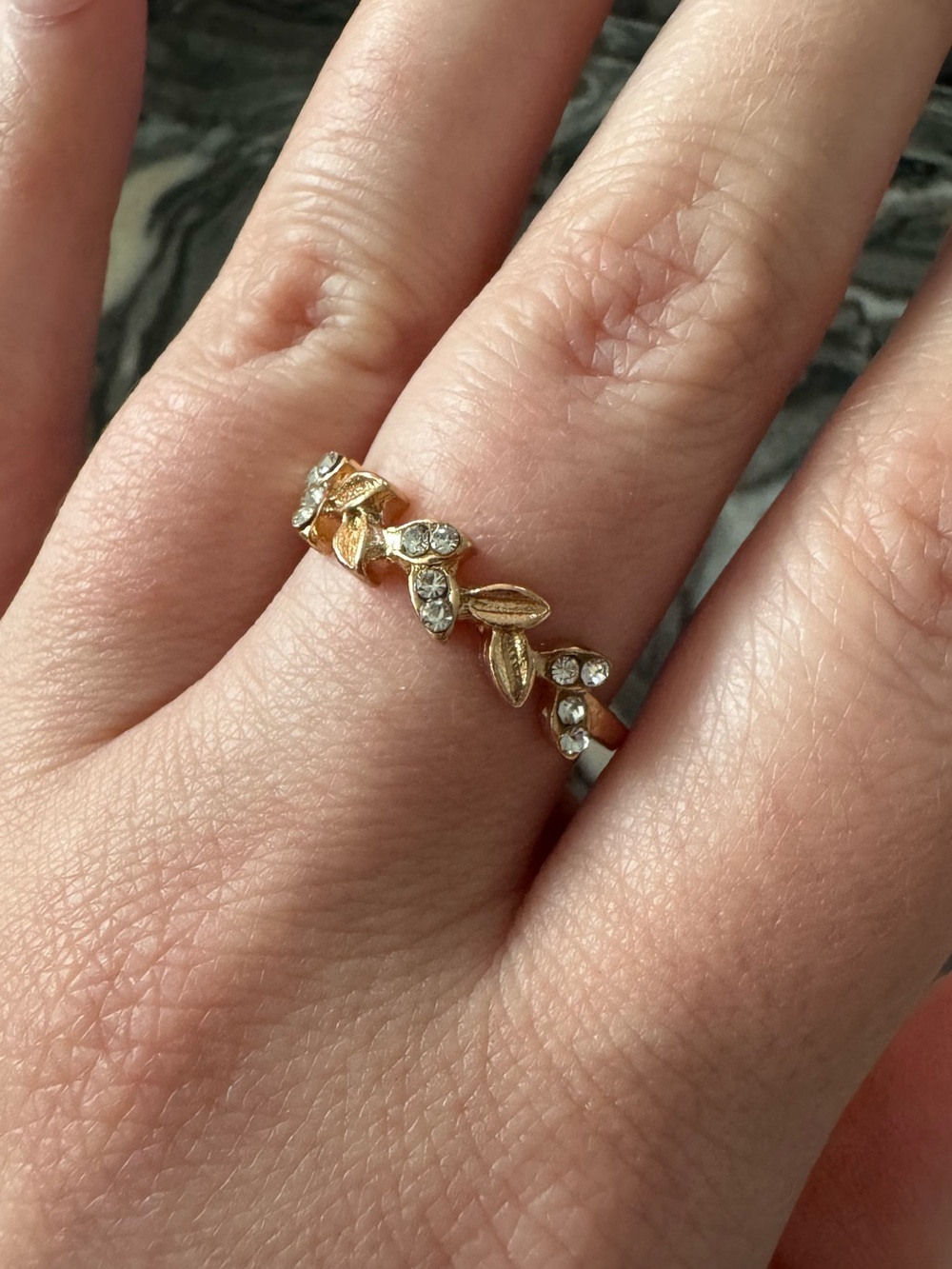 Delicate Gold Leaf Band Ring with Crystal Accents - Women Jewelry